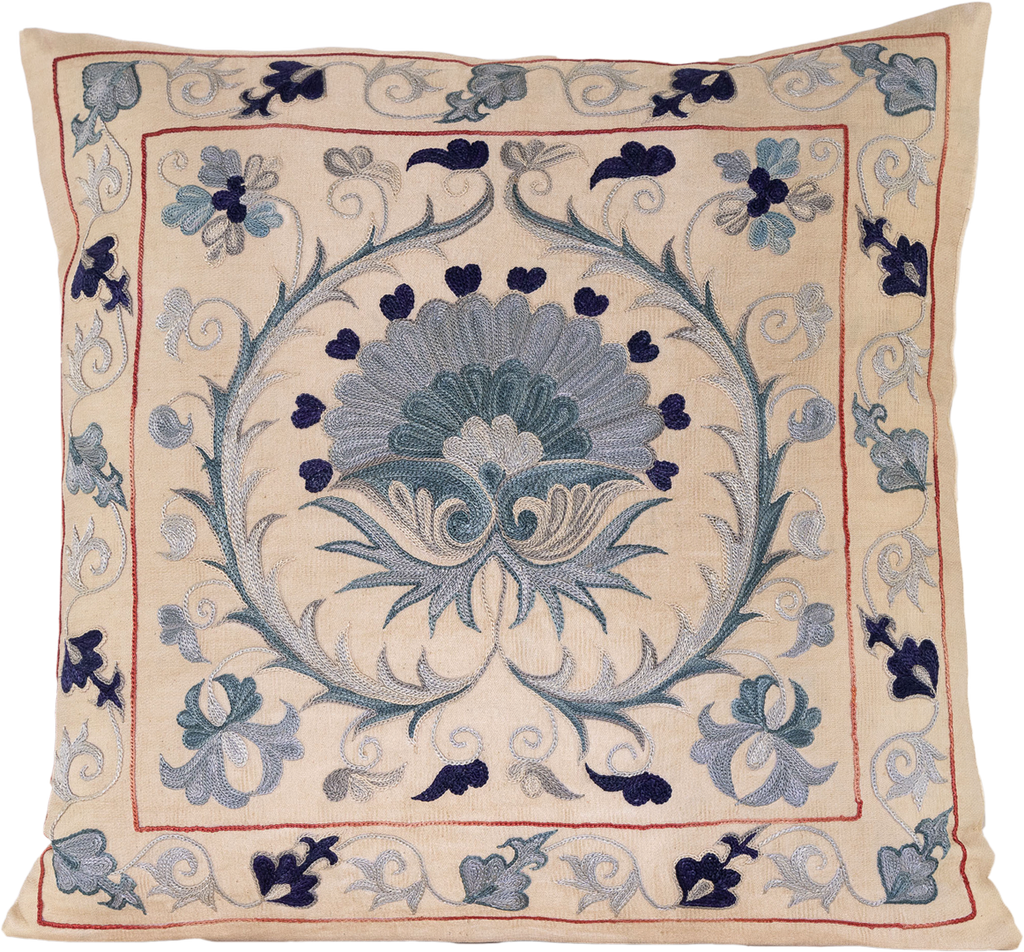 Front view of the luxurious hand-embroidered Blue Blossom Flower Silk cushion in various shades of blue on a cream background. 
