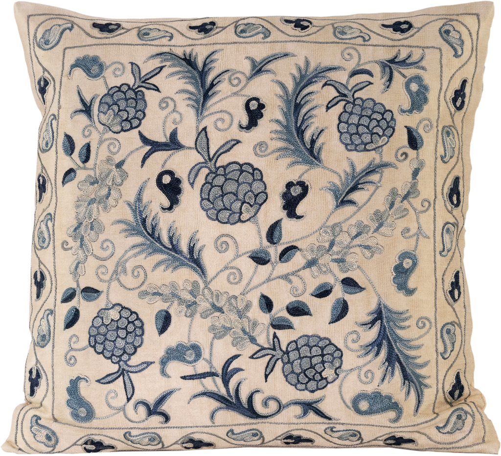 Front view of the luxurious hand-embroidered Blue Fruit Vine Silk cushion.