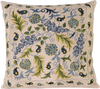 Front view of the luxurious hand-embroidered Blue and Green Fruit Vine Silk cushion in blue and green.