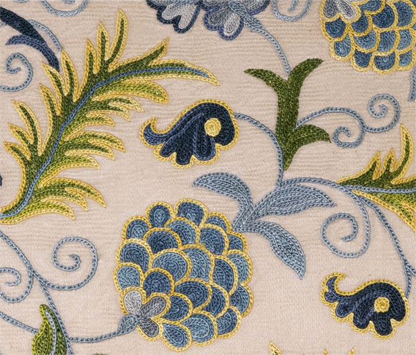 Close-up view of the luxurious hand-embroidered Blue and Green Fruit Vine Silk cushion in blue and green.