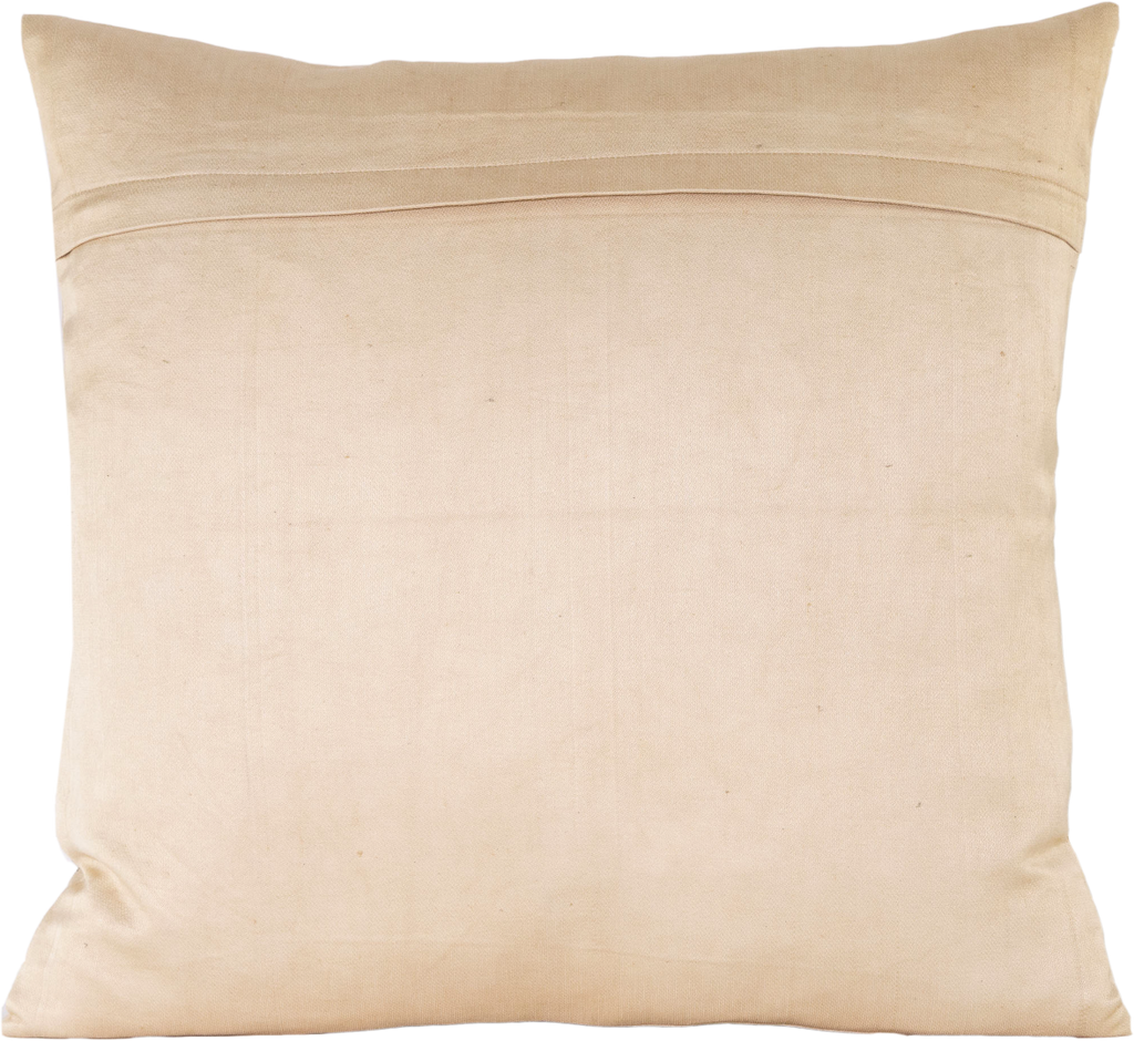 Reverse view of the luxurious hand-embroidered Blue Central Passion Flower Silk cushion in beige.
