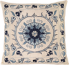 Front view of the luxurious hand-embroidered Blue Central Passion Flower Silk cushion.