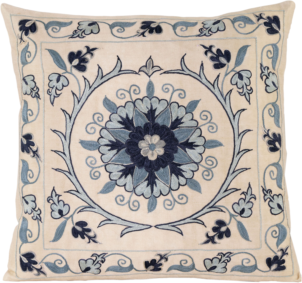 Front view of the luxurious hand-embroidered Blue Central Passion Flower Silk cushion.