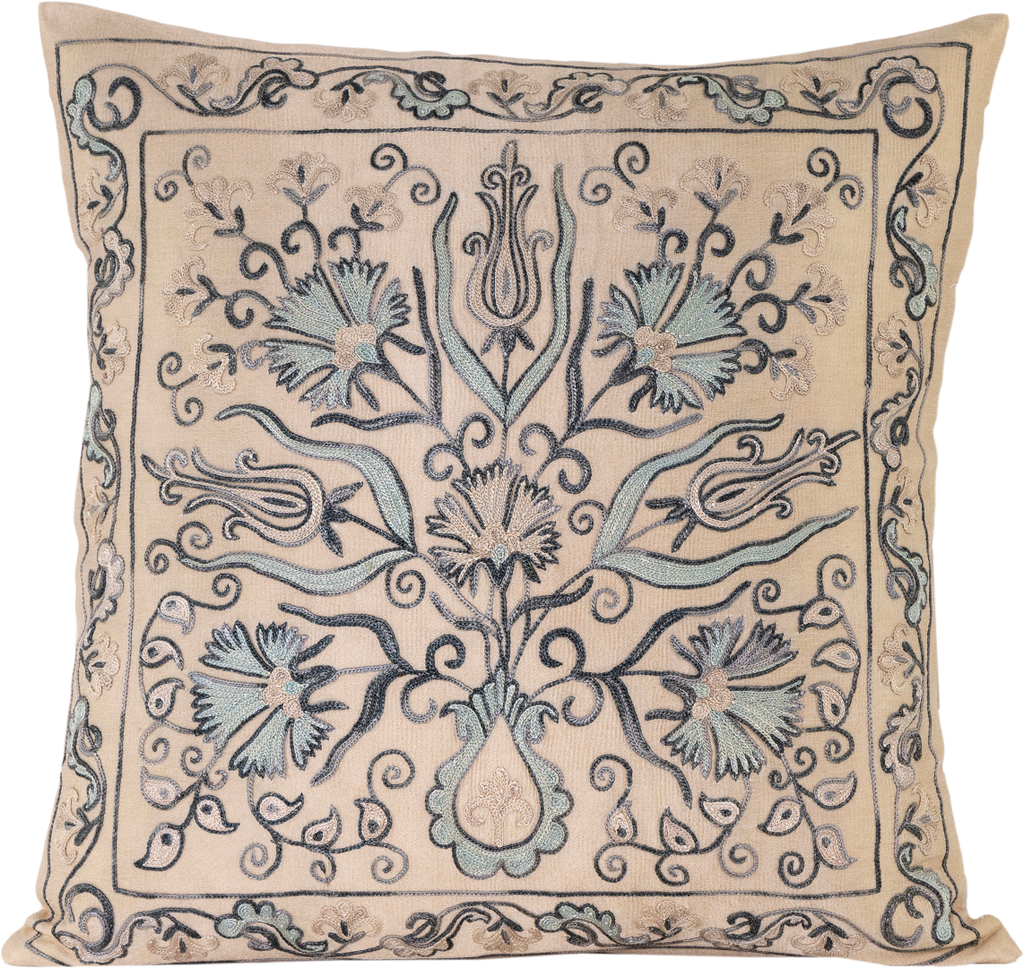 Front view of the luxurious hand-embroidered Blue Carnations and Tulips Bouquet Silk cushion.
