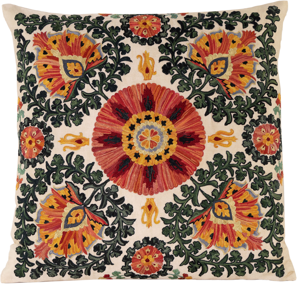 Front view of the luxurious hand-embroidered multi-coloured Bukhara Garden Silk cushion.