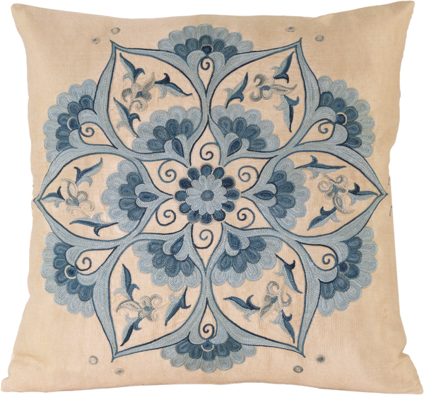 Front view of the luxurious hand-embroidered Blue Central Flower Silk cushion.