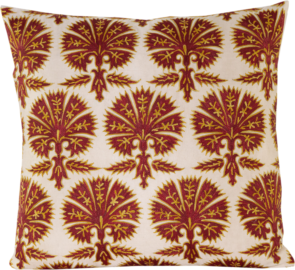 Front view of the luxurious hand-embroidered Carnation flowers Silk cushion.