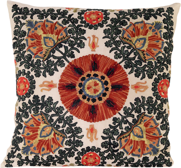 Front view of the luxurious hand-embroidered multi-coloured Bukhara Garden with Accents of Blue, Red & Green Silk cushion.