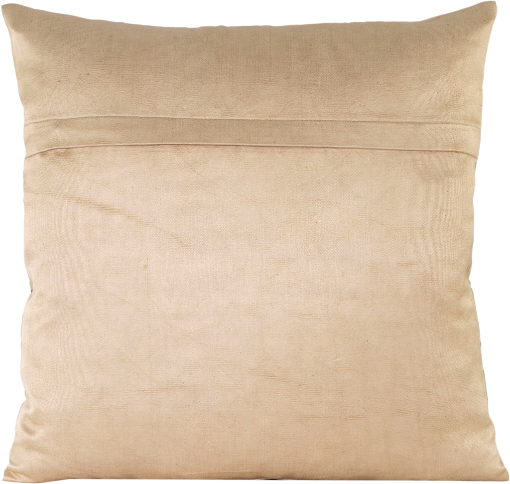 Reverse view of the luxurious hand-embroidered Bukhara Garden with Accents of Blue, Red & Green Silk cushion in beige.