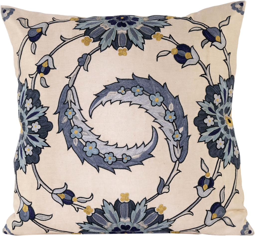 Front view of the luxurious hand-embroidered Clematis Vine with Blue Flowers Silk cushion.