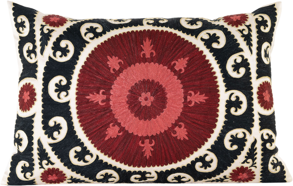 Front view of the luxurious hand-embroidered Central Sun Disk Rectangle Silk cushion.
