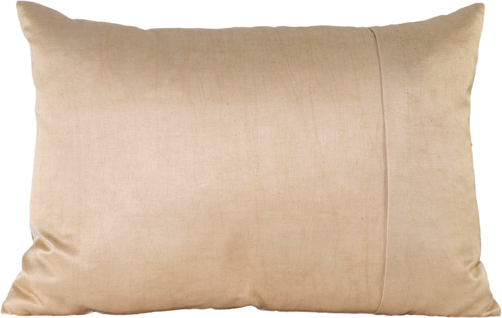 Reverse view of the luxurious hand-embroidered Central Sun Disk Rectangle Silk cushion in beige.
