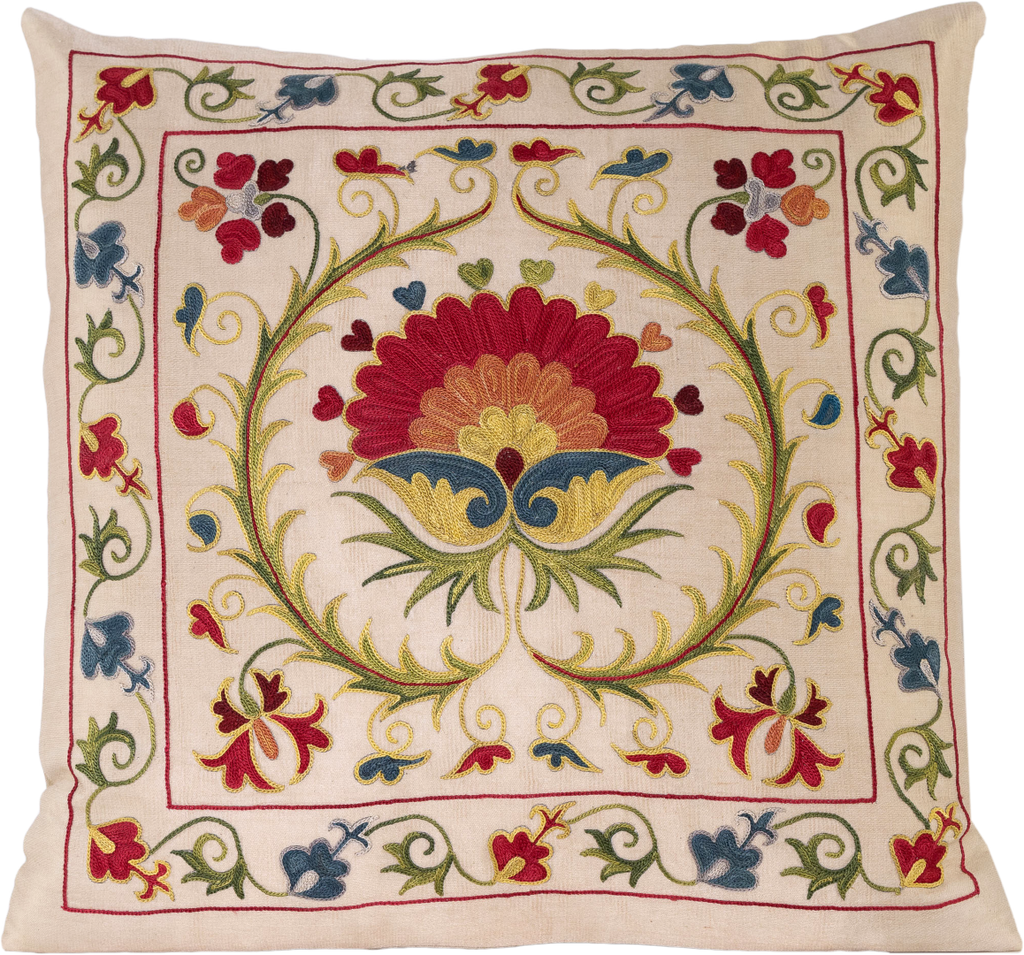 Front view of the luxurious hand-embroidered Red and Orange Blossom Flower Silk cushion.
