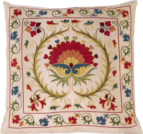 Front view of the luxurious hand-embroidered Red and Orange Blossom Flower Silk cushion.