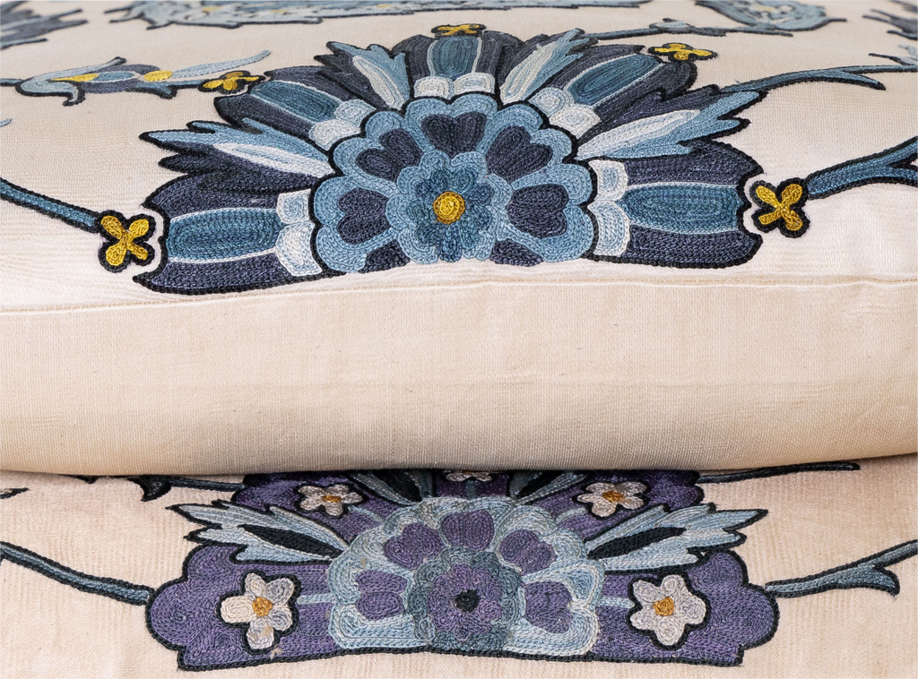 Side view of the luxurious hand-embroidered Clematis Vine with Blue Flowers Silk cushion.