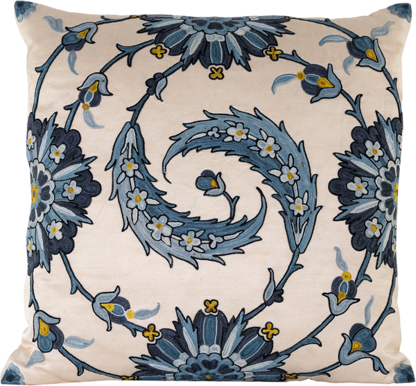 Front view of the luxurious hand-embroidered Blue Clematis Vine with Small Centre Flower Silk cushion.