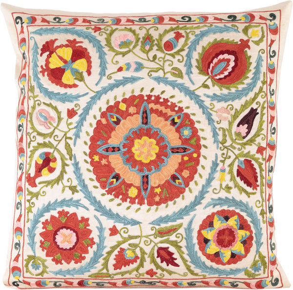 Front view of the luxurious hand-embroidered Silk Cushion - Colourful Sun Disk  cushion.