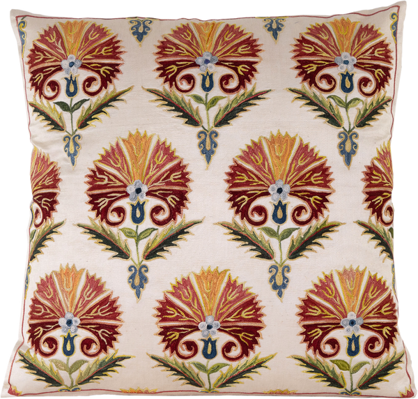 Front view of the luxurious hand-embroidered Orange Carnations with Red Border Silk cushion.