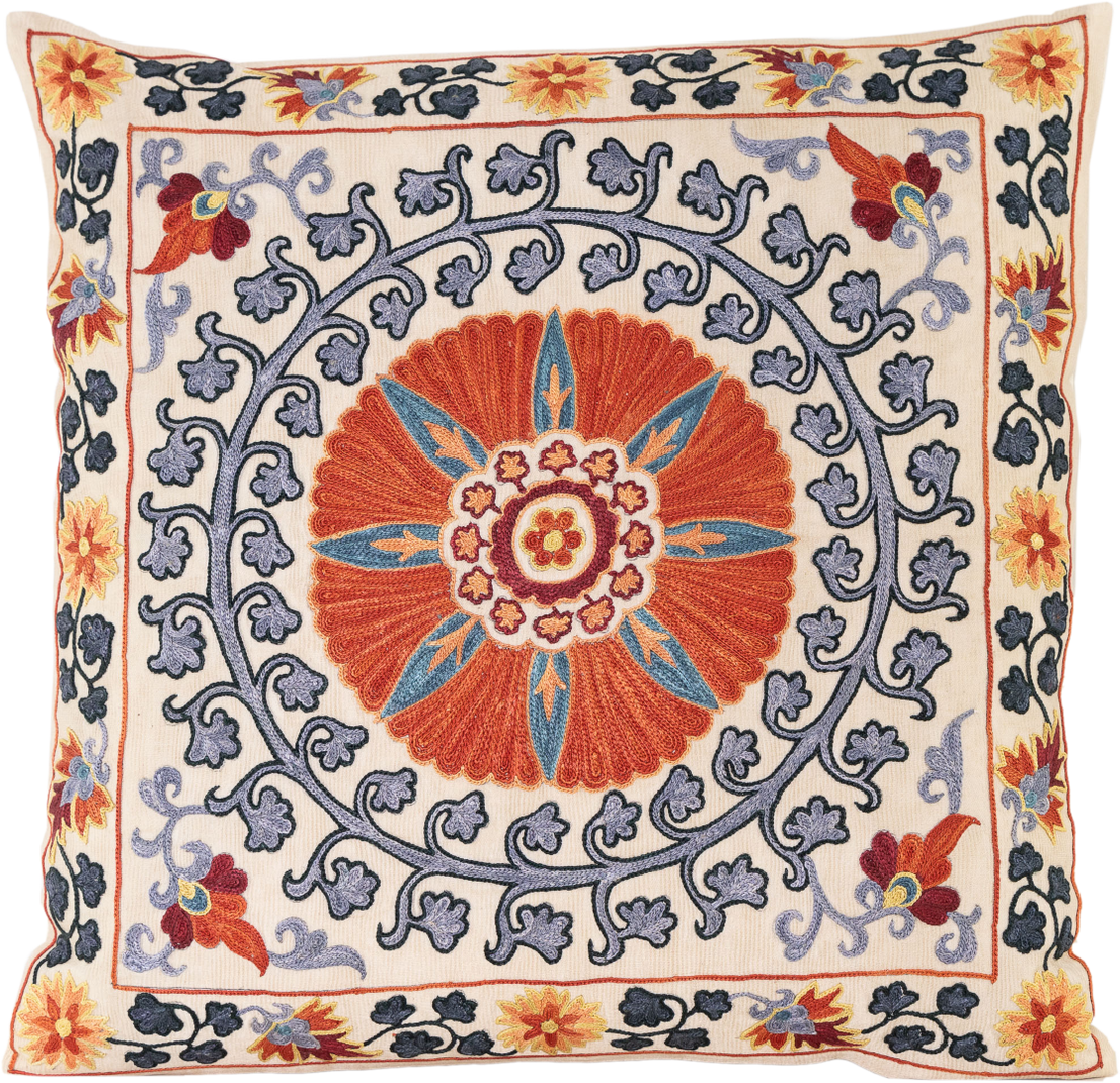 Hand-Embroidered Silk Cushion | Eight Pointed Star within a Rosette ...