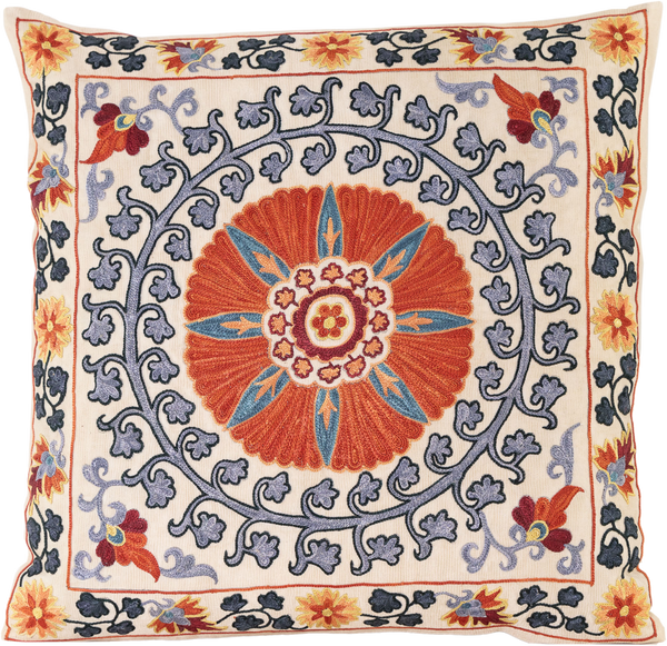 Front view of the luxurious hand-embroidered Eight Pointed Star within a Rosette Motif in Orange Silk cushion.
