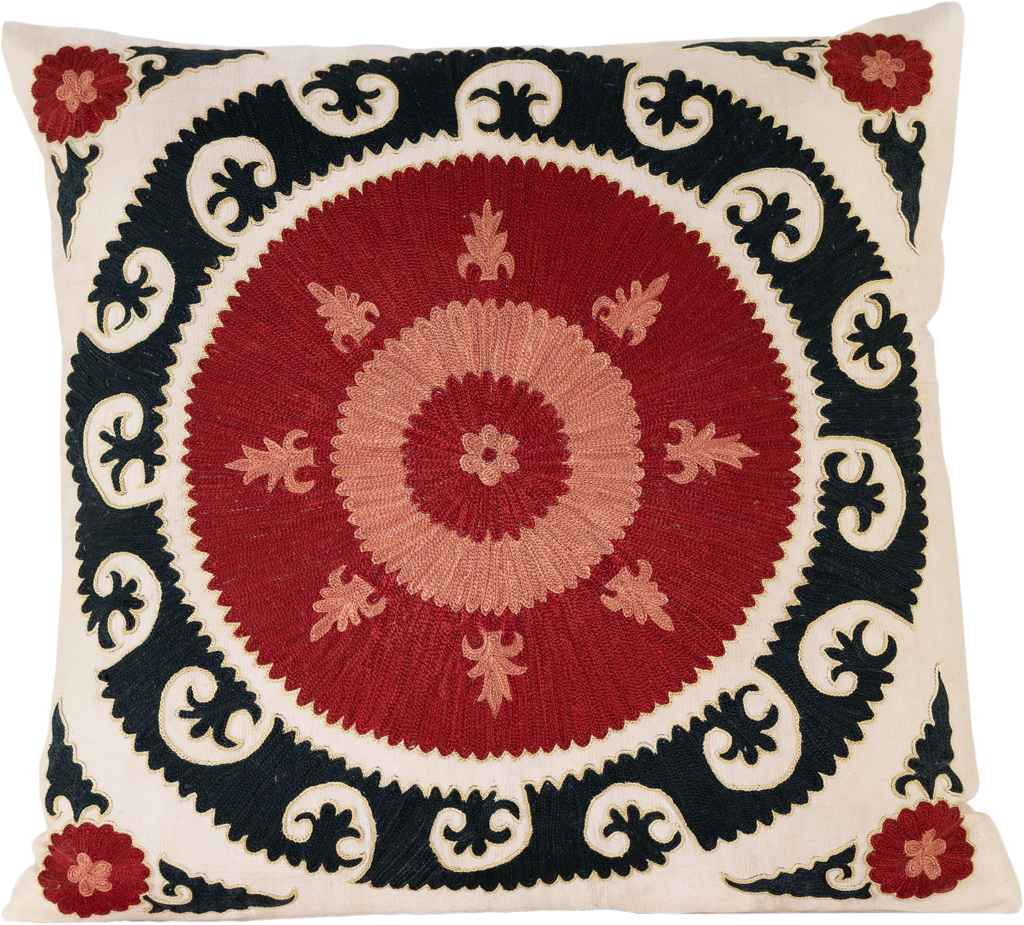 Front view of the luxurious hand-embroidered Central Sun Disk with Daisies Silk cushion.