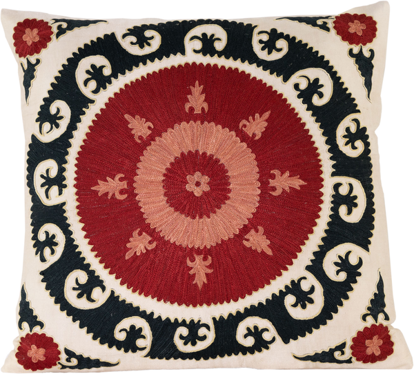 Front view of the luxurious hand-embroidered Central Sun Disk with Daisies Silk cushion.