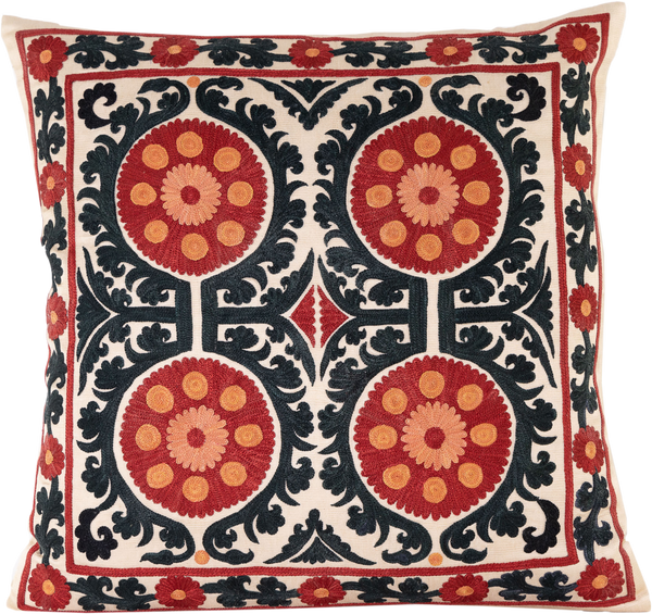 Front view of the luxurious hand-embroidered Four Sun Disks with Daisy Border Silk cushion.