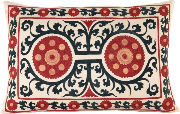 Front view of the luxurious hand-embroidered Two Sun Disks with Daisy Border cushion.