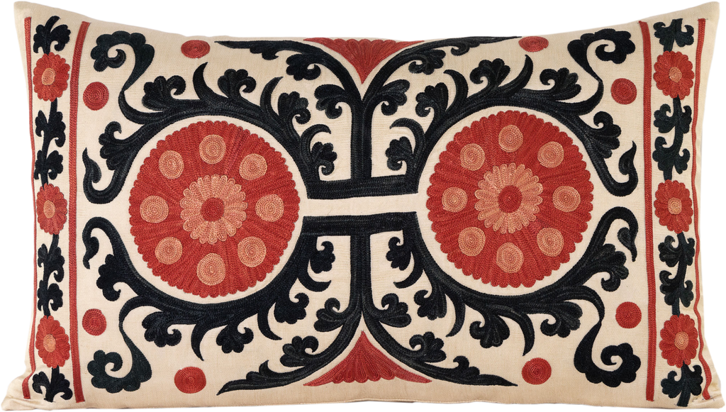 Front view of the luxurious hand-embroidered Two Sun Disks Silk cushion.