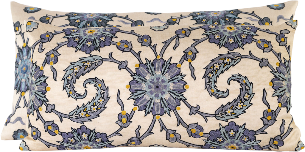 View of the two luxurious hand-embroidered Double Clematis Vine with Blue Flowers  Silk cushions. 