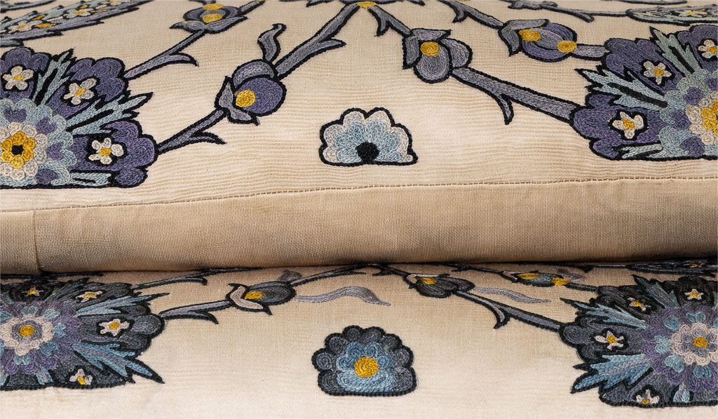 Side view of the luxurious hand-embroidered Double Clematis Vine with Blue Flowers Silk cushion.