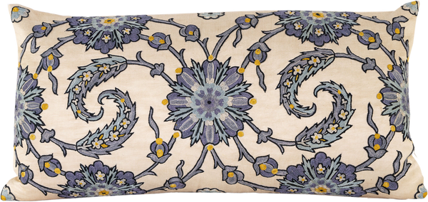 Front view of the luxurious hand-embroidered Double Clematis Vine with Blue Flowers Silk cushion.