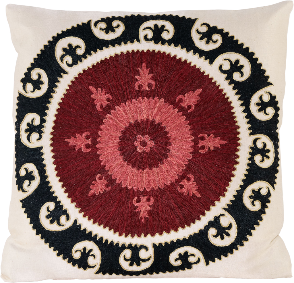 Front view of the luxurious hand-embroidered Central Sun Disk Silk cushion.