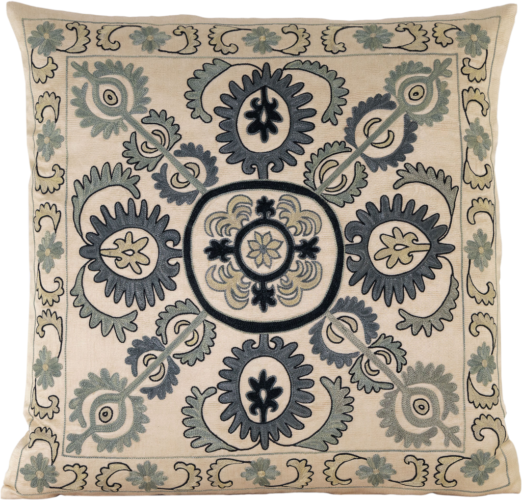Front view of the luxurious hand-embroidered Lakai Tribe Pattern Silk cushion.