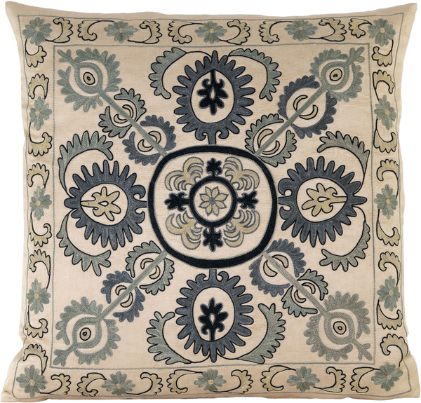 Front view of the luxurious hand-embroidered Lakai Tribe Pattern Silk cushion.
