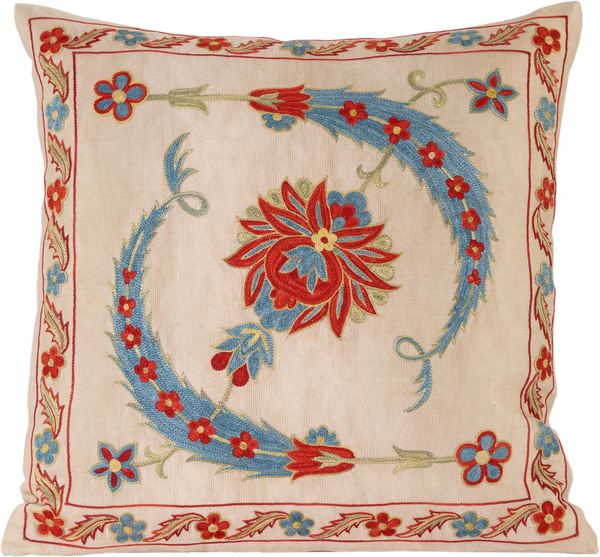 Front view of the luxurious hand-embroidered Blue Clematis Vine and Pomegranate Flower Silk cushion.
