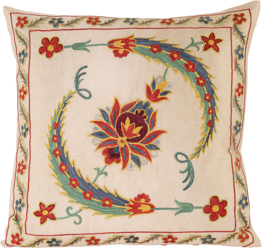 Front view of the luxurious hand-embroidered Green Clematis Vine and Pomegranate Flower Silk cushion.