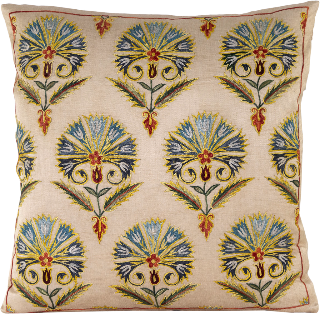 Front view of the luxurious vibrant hand-embroidered Blue Carnations with Red Border Silk cushion.