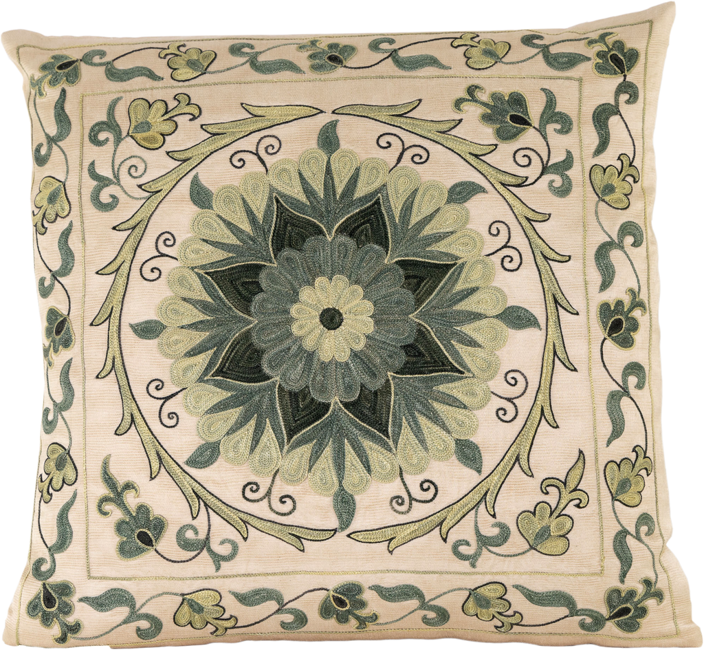 Front view of the luxurious hand-embroidered Green Pasion Flower Silk cushion.