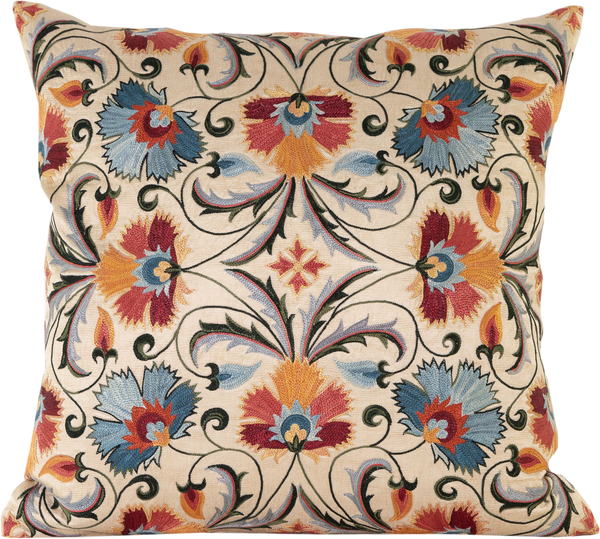 Front view of the luxurious hand-embroidered Carnations in Blues, Oranges & Reds Silk cushion.