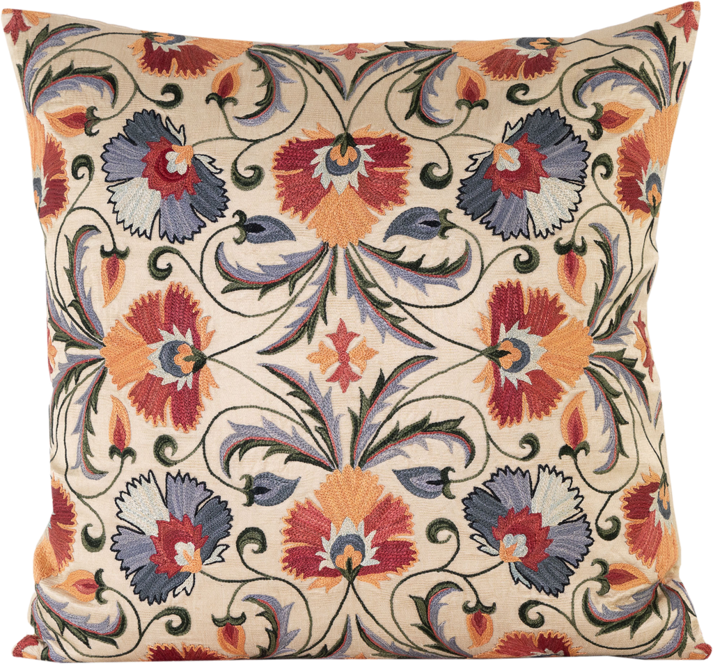 Front view of the luxurious hand-embroidered Carnations in Purples, Oranges & Reds Silk cushion.