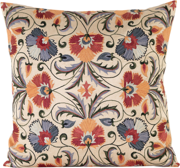 Front view of the luxurious hand-embroidered Carnations in Purples, Oranges & Reds Silk cushion.