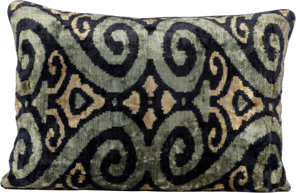 Front view of the luxurious hand-woven Silk Velvet Ikat - Green, Cream and Black cushion.