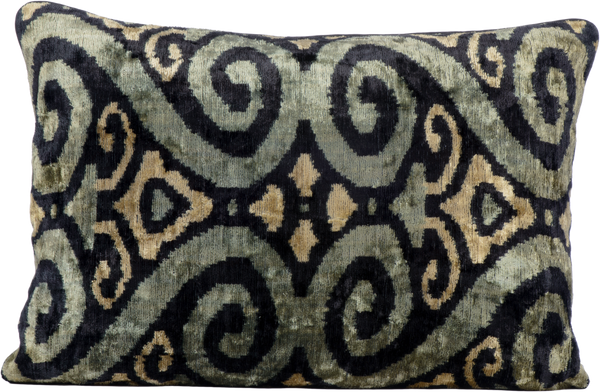 Front view of the luxurious hand-woven Silk Velvet Ikat - Green, Cream and Black cushion.