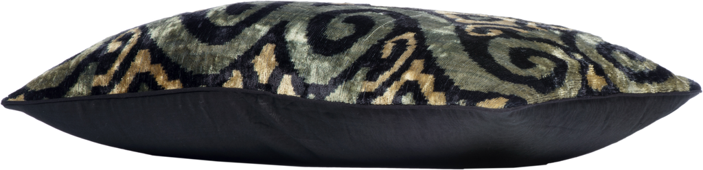 Side view of the luxurious hand-woven Silk Velvet Ikat - Green, Cream and Black cushion.