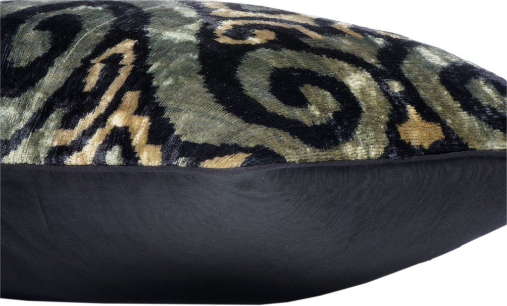 Close-up view of the luxurious hand-woven Silk Velvet Ikat - Green, Cream and Black cushion design.