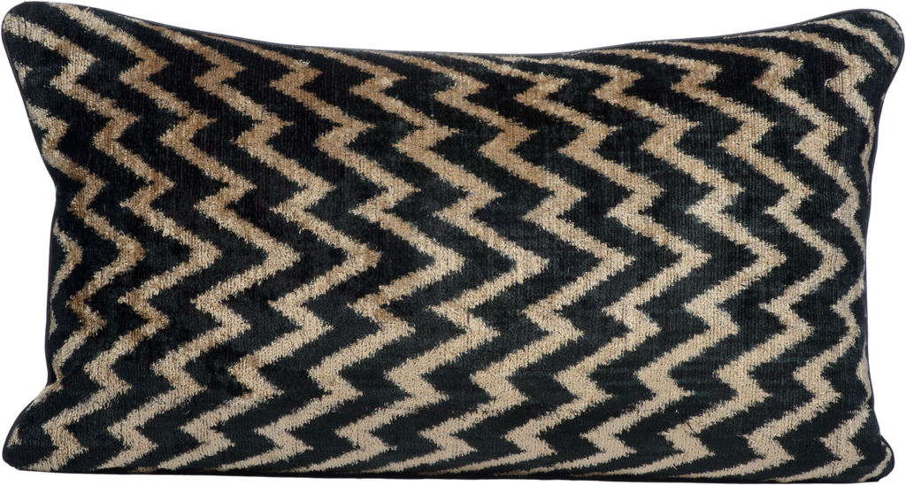 Front view of the luxurious hand-woven Silk Velvet Ikat - Black and Gold ZigZag cushion.