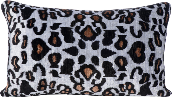 Front view of the luxurious hand-woven Silk Velvet Ikat - Leopard Print cushion.