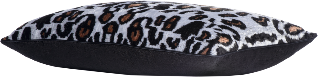 Side view of the luxurious hand-woven Silk Velvet Ikat - Leopard Print cushion.