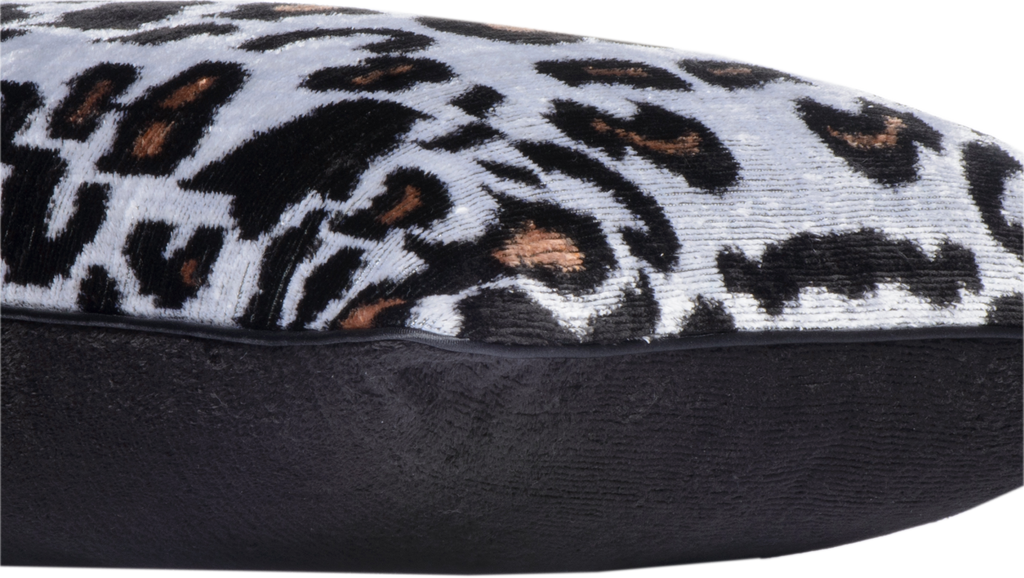 Side view of the luxurious hand-woven Silk Velvet Ikat - Leopard Print cushion.